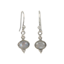 Load image into Gallery viewer, Minimalistic moonstone drop earrings set into sterling silver in a classic ethnic style
