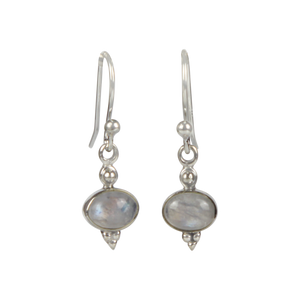 Minimalistic moonstone drop earrings set into sterling silver in a classic ethnic style