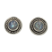 Load image into Gallery viewer, Half Sphere Rainbow Moonstone gemstone stud earrings with a handcrafted sterling silver surround
