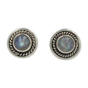 Half Sphere Rainbow Moonstone gemstone stud earrings with a handcrafted sterling silver surround