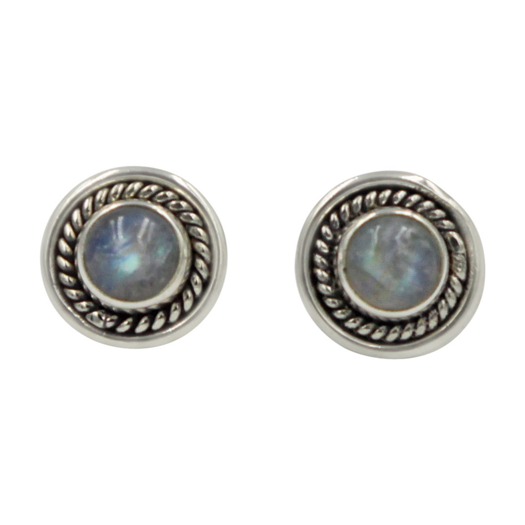 Half Sphere Rainbow Moonstone gemstone stud earrings with a handcrafted sterling silver surround
