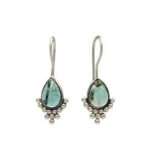 Handcrafted Sterling Silver earrings with a tear drop cabochon gemstone accent with dripping silver dots.