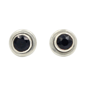 Silver Stud Earrings with half sphere cabochon Black Onyx with silver surround
