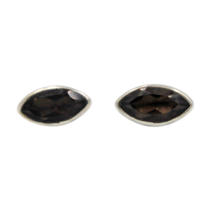 Pointed Oval Silver Stud Earring with a faceted Smokey Quartz gemstone on a deep bezel setting