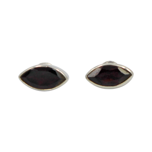 Pointed Oval Silver Stud Earring with a faceted gemstone on a deep bezel setting