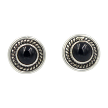 Load image into Gallery viewer, Half Sphere Black Onyx gemstone stud earrings with a handcrafted sterling silver surround
