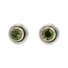 Load image into Gallery viewer, Silver Stud Earrings with half sphere faceted Peridot with silver surround
