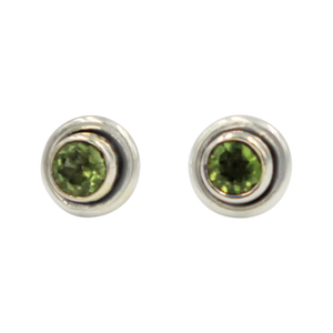 Silver Stud Earrings with half sphere faceted Peridot with silver surround