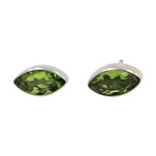 Load image into Gallery viewer, Pointed Oval Silver Stud Earring with a faceted Peridot gemstone on a deep bezel setting
