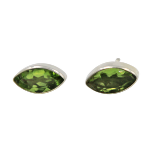 Pointed Oval Silver Stud Earring with a faceted Peridot gemstone on a deep bezel setting