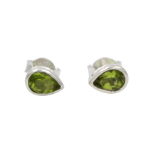 Load image into Gallery viewer, Teardrop Silver Stud Earring with a faceted Peridot gemstone on open bezel setting
