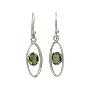 Elegant oval drop sterling silver earrings holding a peridot
