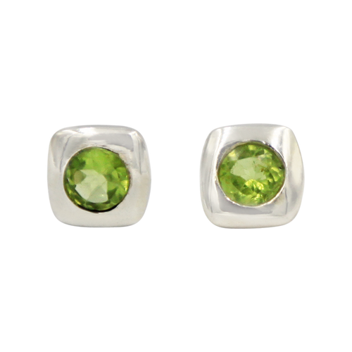 Square shaped Sterling Silver Stud Earring with a round faceted Peridot gemstone