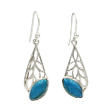Load image into Gallery viewer, Beautifully handcrafted sterling silver Skeleton Leaf earring accent with a colourful Turquoise gemstone.
