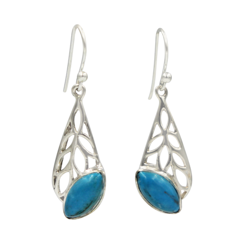 Beautifully handcrafted sterling silver Skeleton Leaf earring accent with a colourful Turquoise gemstone.