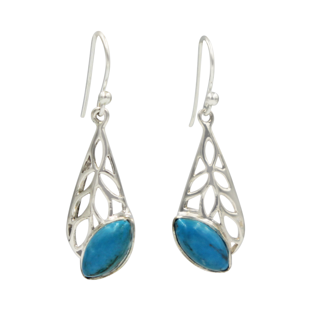 Beautifully handcrafted sterling silver Skeleton Leaf earring accent with a colourful Turquoise gemstone.