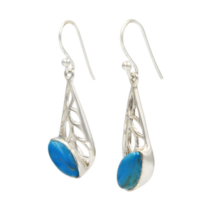 Beautifully handcrafted sterling silver Skeleton Leaf earring accent with a colourful natural Turquoise gemstone.