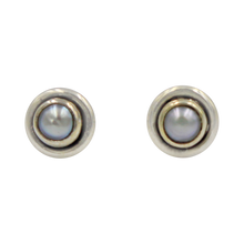 Load image into Gallery viewer, Silver Stud Earrings with half sphere Freshwater Pearl with silver surround
