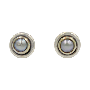 Silver Stud Earrings with half sphere Freshwater Pearl with silver surround