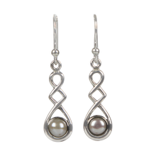 Load image into Gallery viewer, A swirly, unique and elegant pair of sterling silver Pearl earrings
