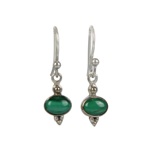 Load image into Gallery viewer, Minimalistic malachite drop earrings set into sterling silver in a classic ethnic style
