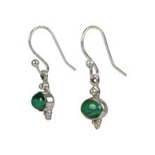 Load image into Gallery viewer, Minimalistic malachite drop earrings set into sterling silver in a classic ethnic style
