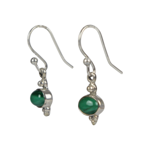 Minimalistic malachite drop earrings set into sterling silver in a classic ethnic style