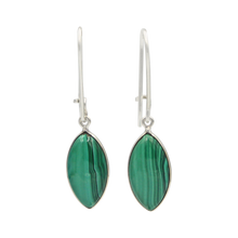 Load image into Gallery viewer, Handcrafted sterling silver large lens shaped earring with a handpicked beautiful cabochon Malachite gemstone.
