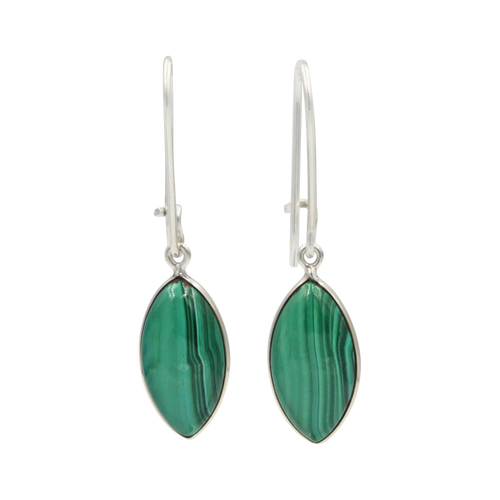 Handcrafted sterling silver large lens shaped earring with a handpicked beautiful cabochon Malachite gemstone.