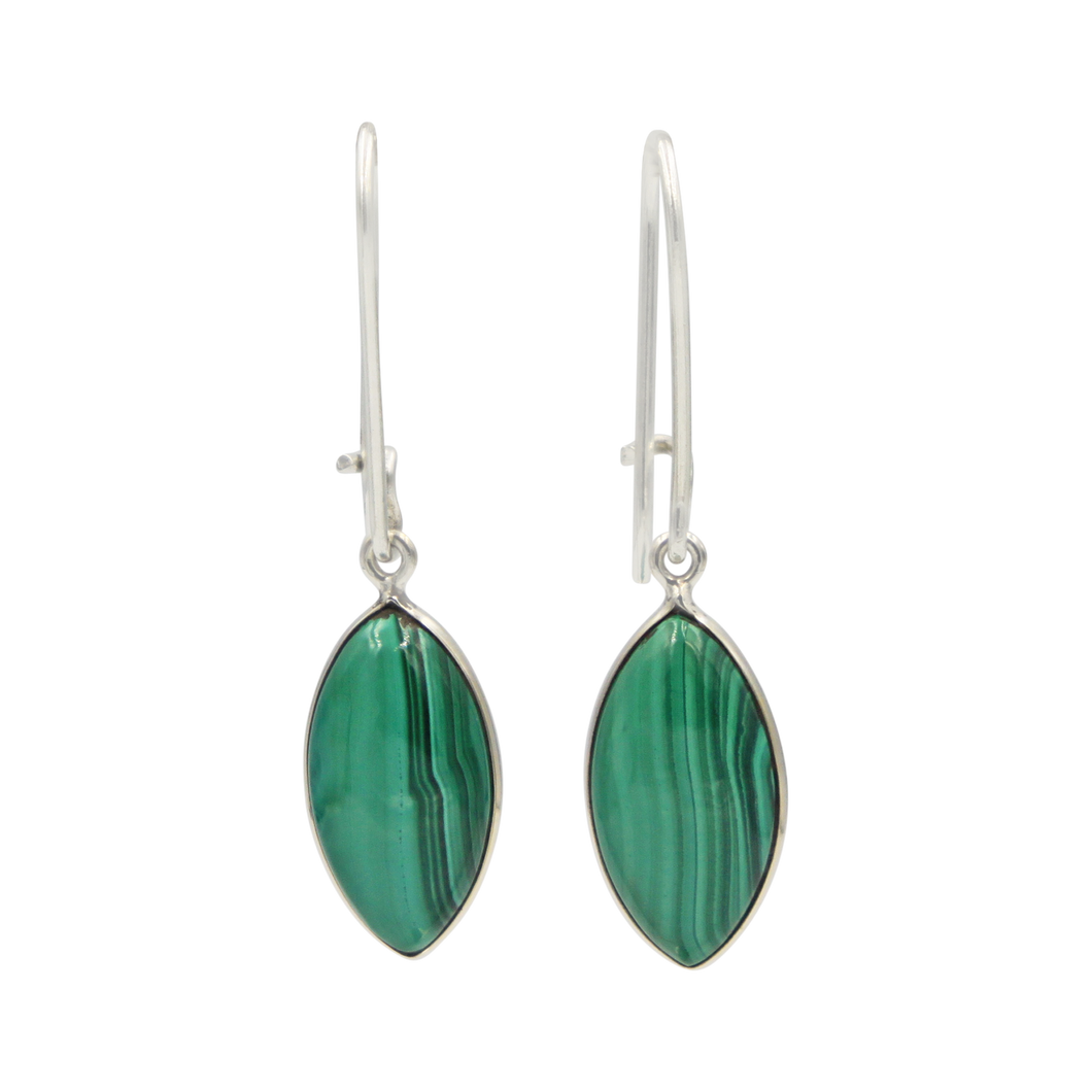 Handcrafted sterling silver large lens shaped earring with a handpicked beautiful cabochon Malachite gemstone.