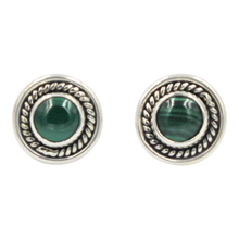 Load image into Gallery viewer, Half Sphere Malachite gemstone stud earrings with a handcrafted sterling silver surround
