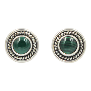 Half Sphere Malachite gemstone stud earrings with a handcrafted sterling silver surround