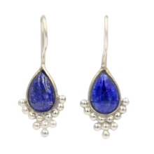 Load image into Gallery viewer, Handcrafted Sterling Silver earrings with a tear drop cabochon gemstone accent with dripping silver dots.
