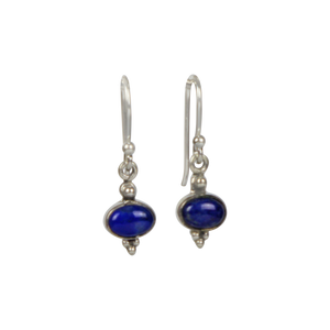 Minimalistic lapis lazuli drop earrings set into sterling silver in a classic ethnic style