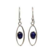 Load image into Gallery viewer, Elegant oval drop sterling silver earrings holding Lapis lazuli
