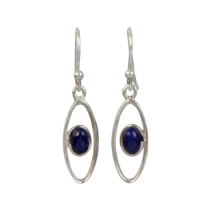 Elegant oval drop sterling silver earrings holding Lapis lazuli