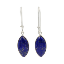 Load image into Gallery viewer, Handcrafted sterling silver large lens shaped earring with a handpicked beautiful cabochon Lapis Lazuli gemstone.
