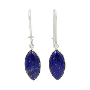 Handcrafted sterling silver large lens shaped earring with a handpicked beautiful cabochon Lapis Lazuli gemstone.