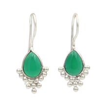 Load image into Gallery viewer, Handcrafted Sterling Silver earrings with a tear drop cabochon gemstone accent with dripping silver dots.

