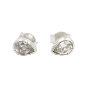 Teardrop Silver Stud Earring with a faceted Cubic Zirconia gemstone on open bezel setting