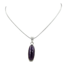 Load image into Gallery viewer, Handcrafted long oval shaped cabochon Amethyst pendant presented on 18&quot; Sterling Silver Chain
