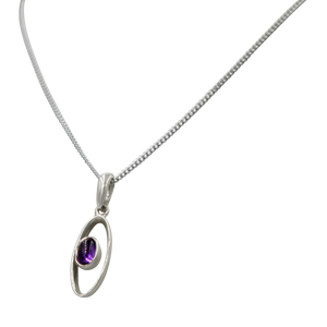 Stylish long oval pendant with a similarly oval shaped Amethyst Gemstone