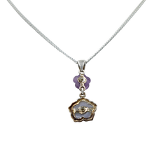 Load image into Gallery viewer, Five Petal Mother of Pearl and Amethyst hand carved flower Pendant back
