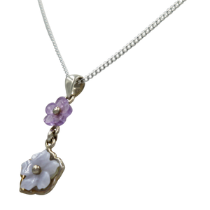 Five Petal Mother of Pearl and Amethyst hand carved flower Pendant