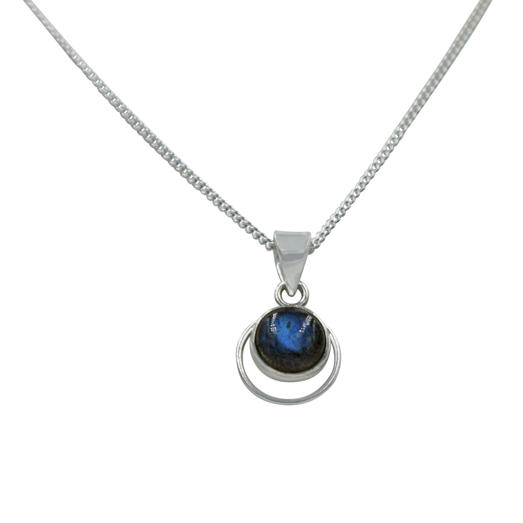 Round Sterling Silver Pendent with a Labradorite Cabochon gemstone
