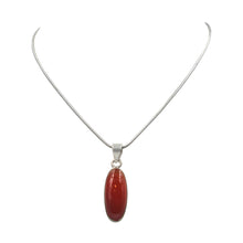 Load image into Gallery viewer, Handcrafted long oval shaped cabochon Carnelian pendant presented on 18&quot; Sterling Silver Chain

