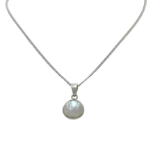 Load image into Gallery viewer, Sterling Silver simple Round pendant with a half sphere cabochon Rainbow Moonstone Stone
