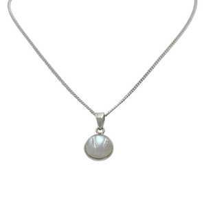 Sterling Silver simple Round pendant with a half sphere cabochon Rainbow Moonstone Stone