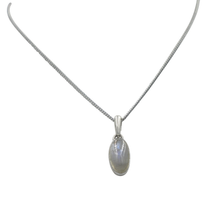 Sterling Silver Pendant with a Lozenge shape Rainbow Moonstone Cabochon gemstone