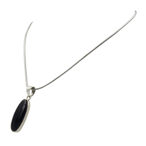 Handcrafted long oval shaped cabochon Black Onyx pendant presented on 18" Sterling Silver Chain